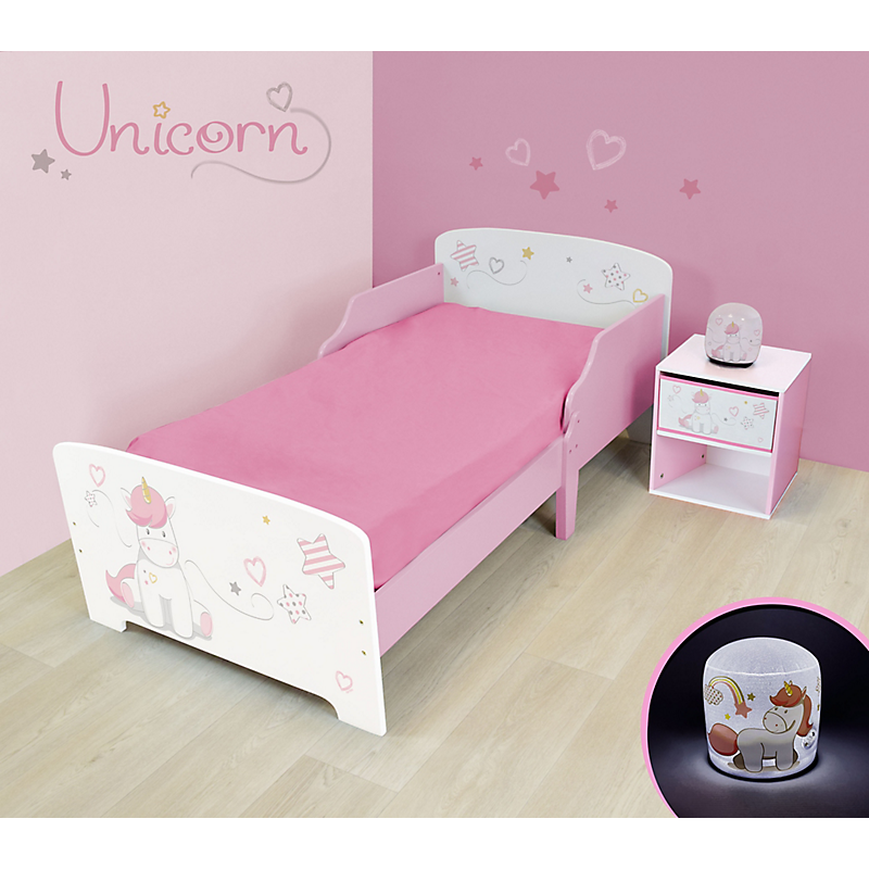 Pack chambre enfant (lit + table de chevet + veilleuse LED) Licorne