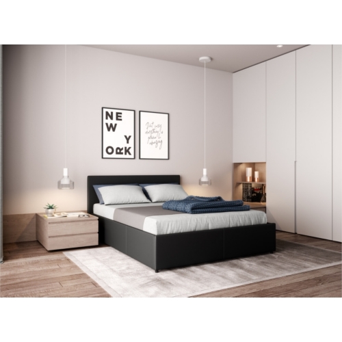 Cadre de lit coffre avec tête de lit en PU noir 140x190  IZY