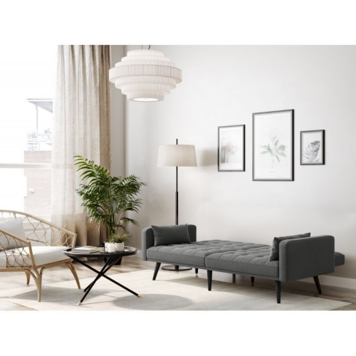 Canapé droit 3 places scandinave convertible avec dossier capitonné en tissu gris foncé pieds bois noir ZEN